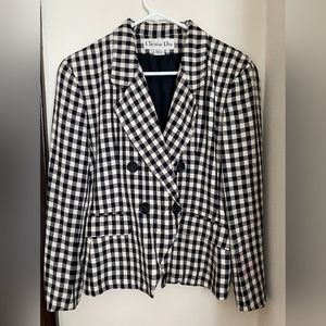 Christian Dior Vintage Women Blazer, Black and White Checkered, 3/4 Sleeve -Sz 6